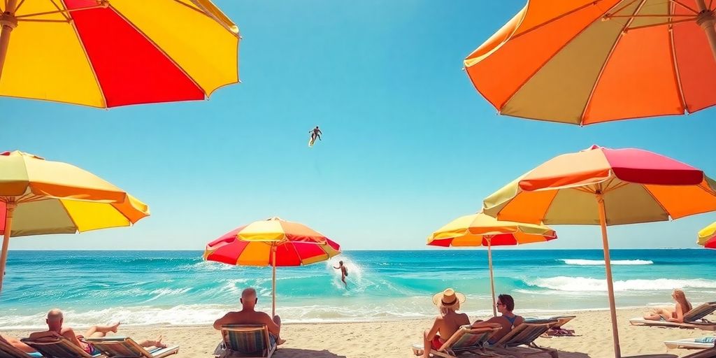 Beach scene with surfers and sunbathers enjoying summer activities.