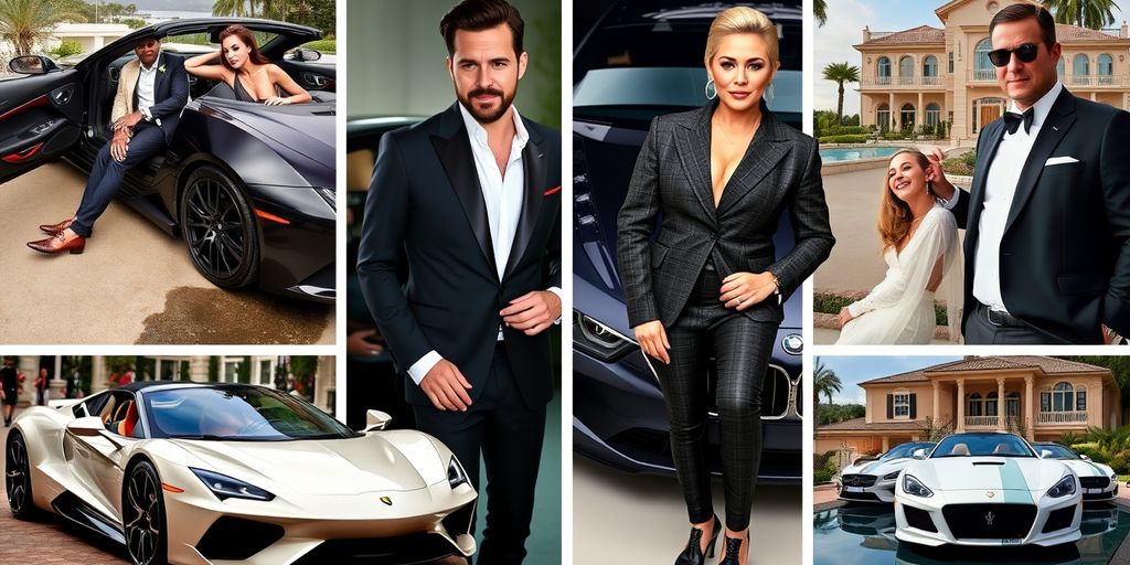 Collage of wealthy actors in luxurious settings.