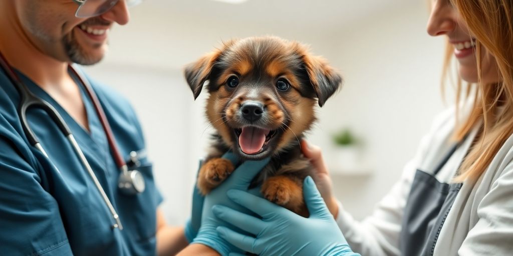 Puppy happily interacting with a vet and groomer.