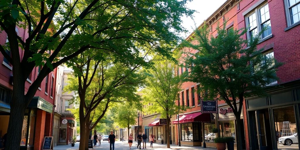 Historic Sugar House street, vibrant, diverse architecture.