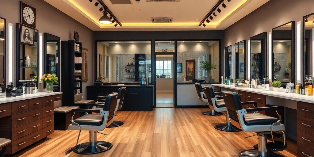 Stylish barber shop interior with modern furniture and decor.