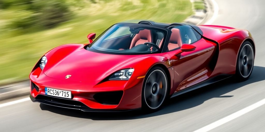 Porsche 718 EV sports car in motion on a road.