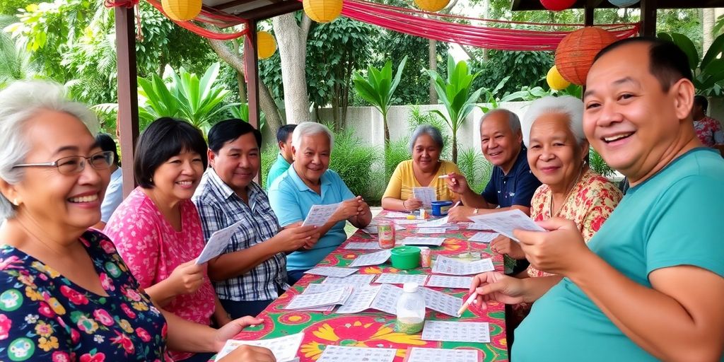 Taysan residents playing bingo outdoors in a festive setting.