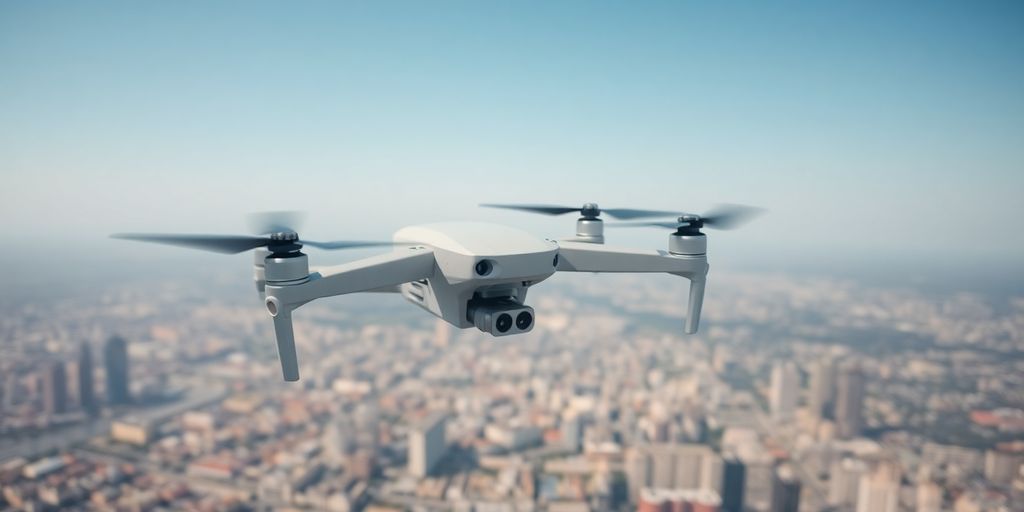 Drone volant au-dessus d'un paysage urbain.