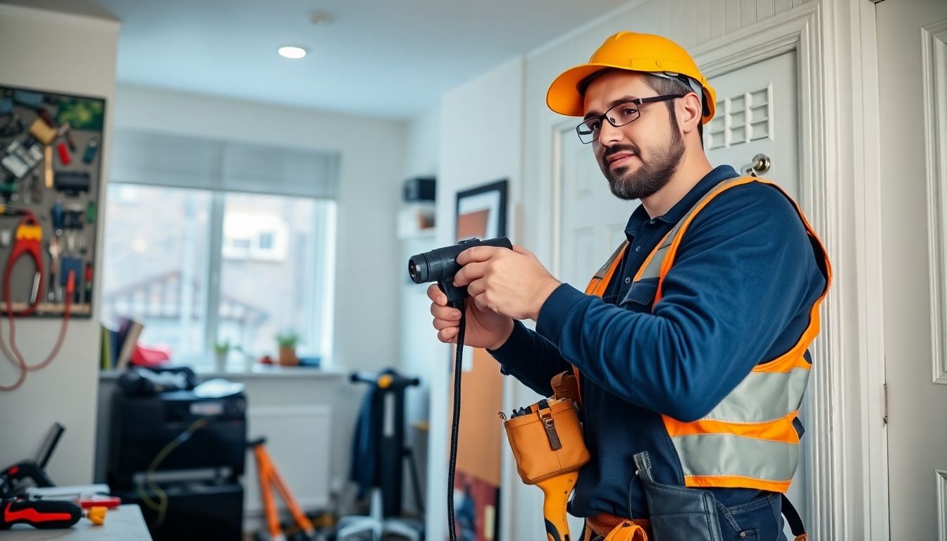 Electrician working on electrical fixtures in a London home.