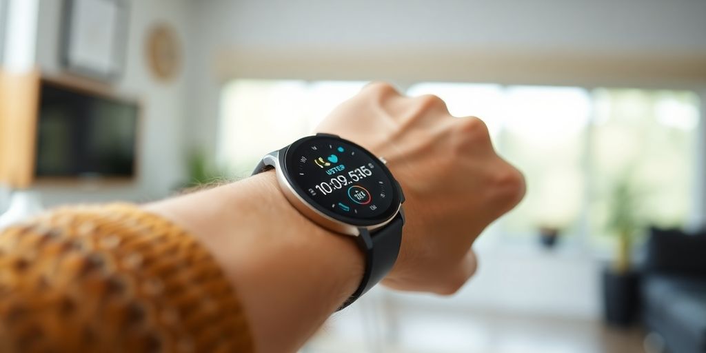Relógio inteligente no pulso com tela de saúde