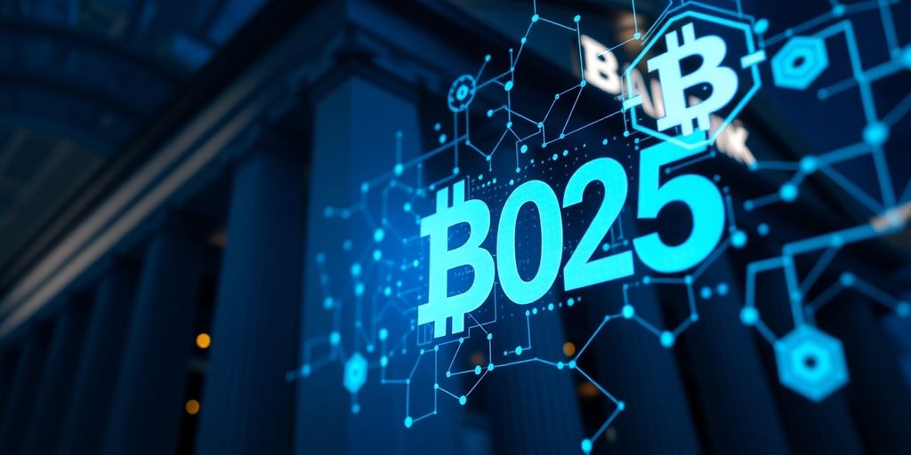 Bank building with digital blockchain symbols blending together.