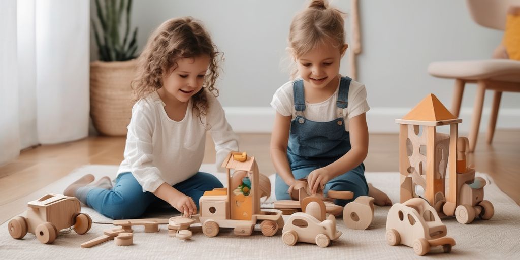 children playing with eco-friendly wooden toys
