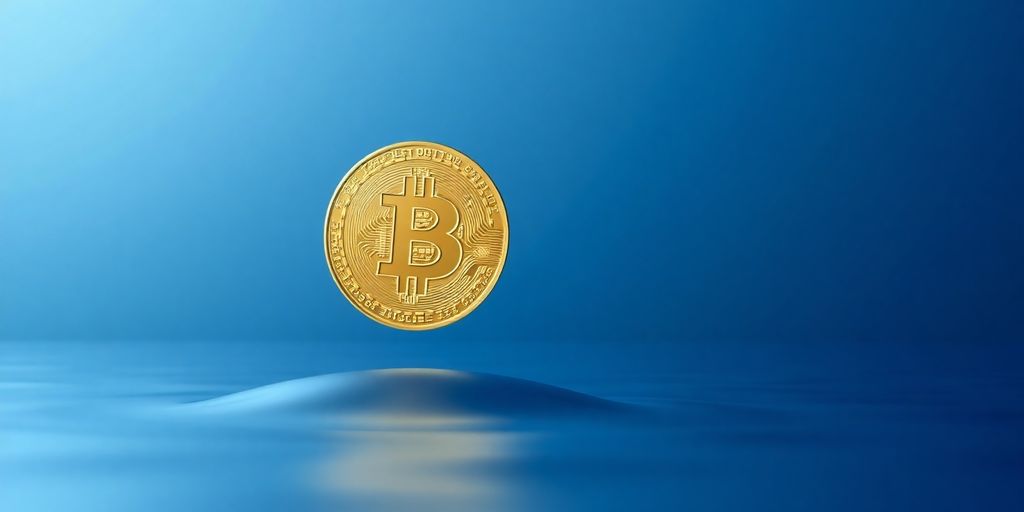 Gold Bitcoin coin floating above calm blue surface under light.