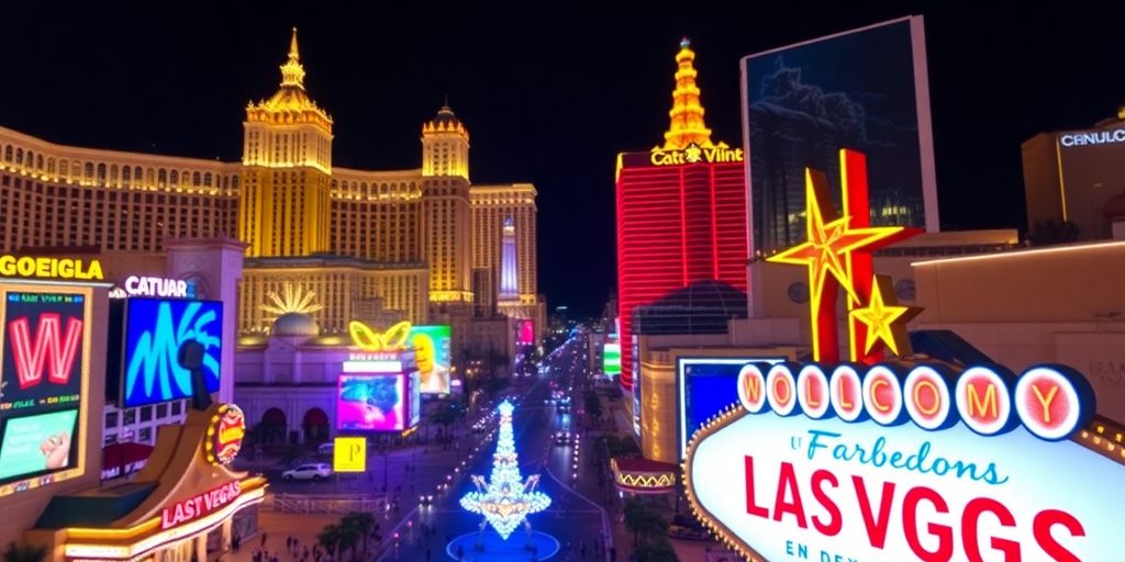 Vibrant Las Vegas skyline with bright lights and hotels.