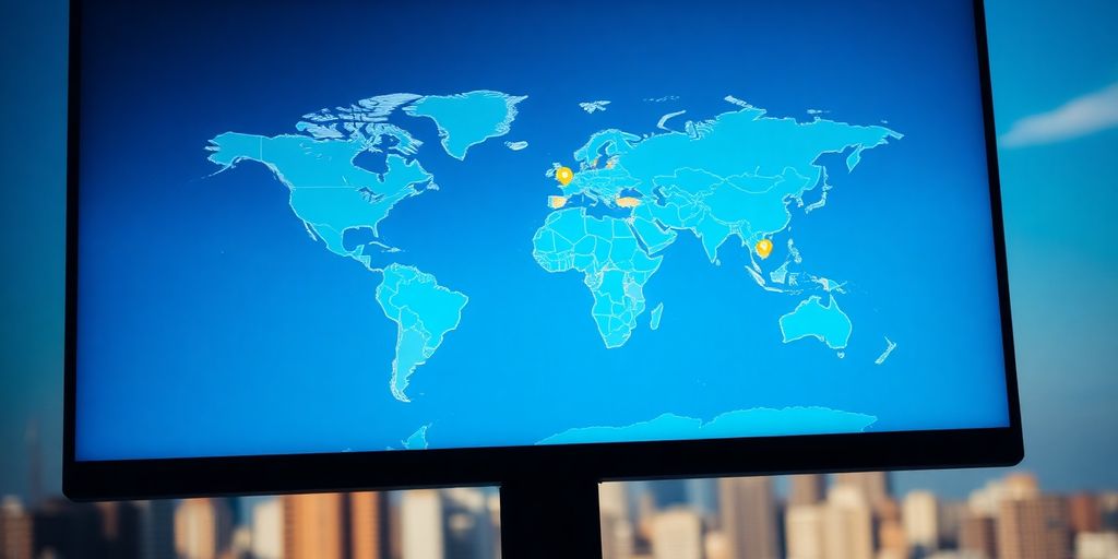 Computer screen with world map highlighting geolocation points.