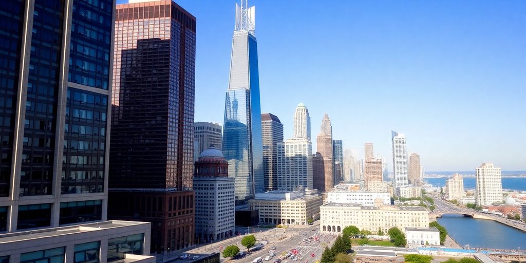 Chicago skyline with notable landmarks and urban scenery.