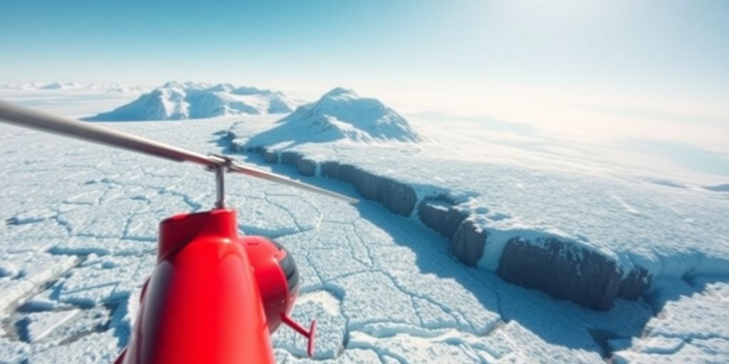 A red helicopter flying over a vast Alaskan glacier.