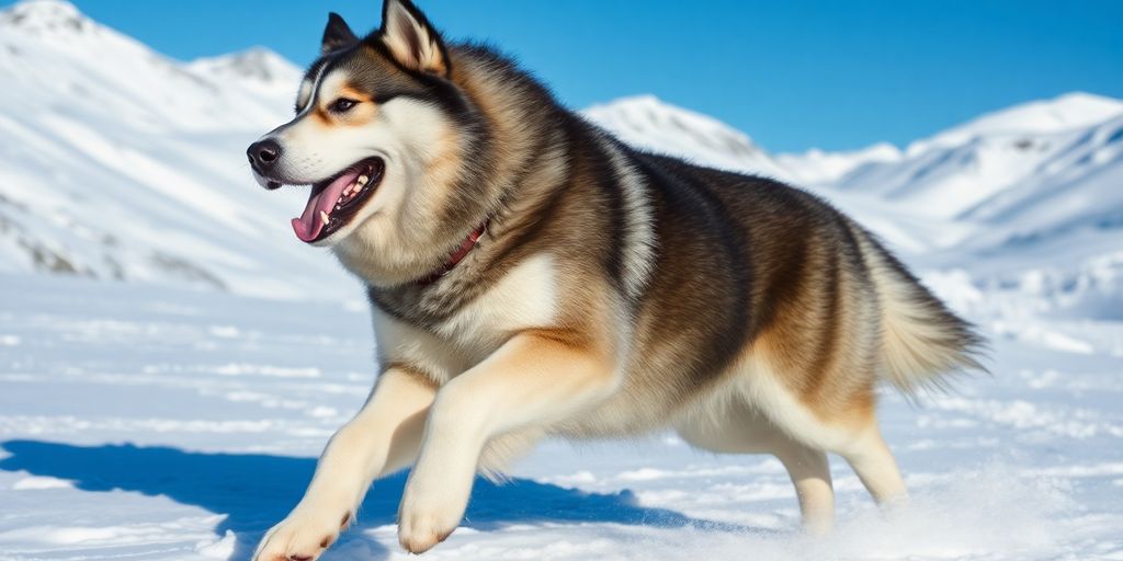 Alaskan Malamute running in snowy landscape.