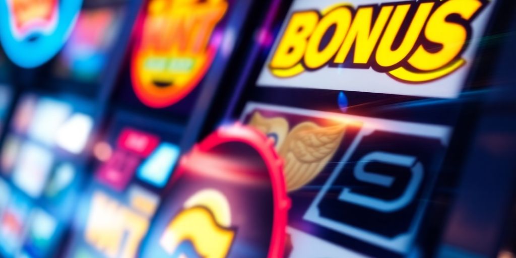 Slot machine reels spinning with glowing bonus symbols.