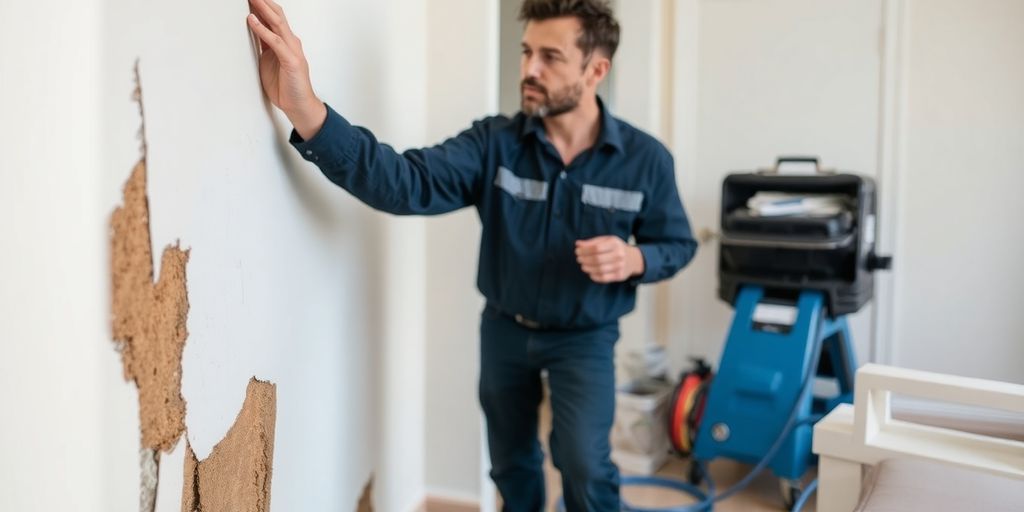 Water restoration technician inspecting home water damage.
