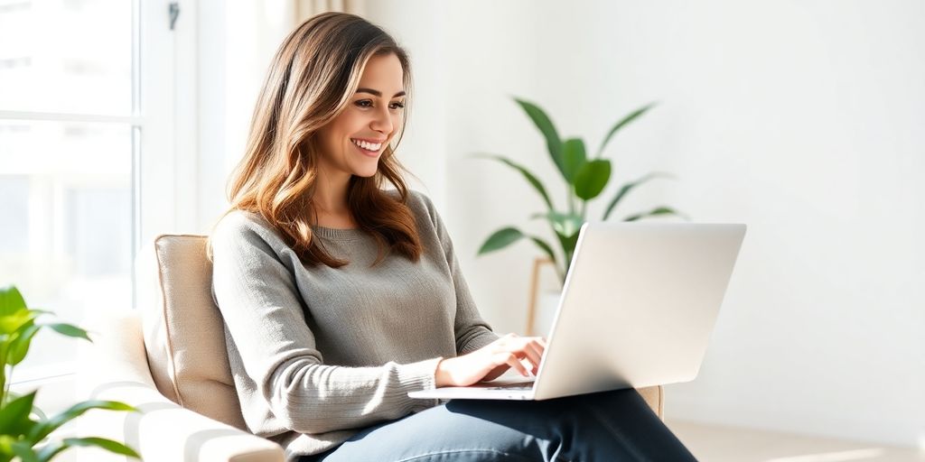 Woman working on a laptop with a smile.