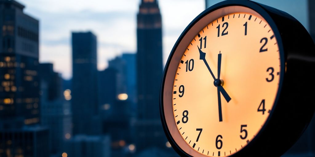 Clock with illuminated cityscape, financial district, trading screen.