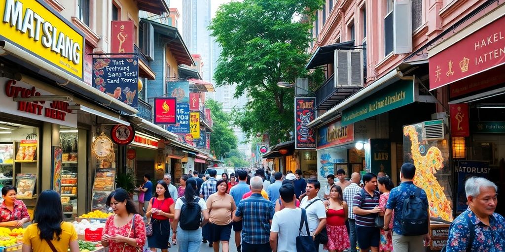 Vibrant cultural scene in Singapore with diverse locals.