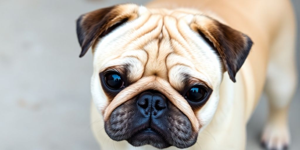 A Pug dog with a wrinkled face and curled tail.