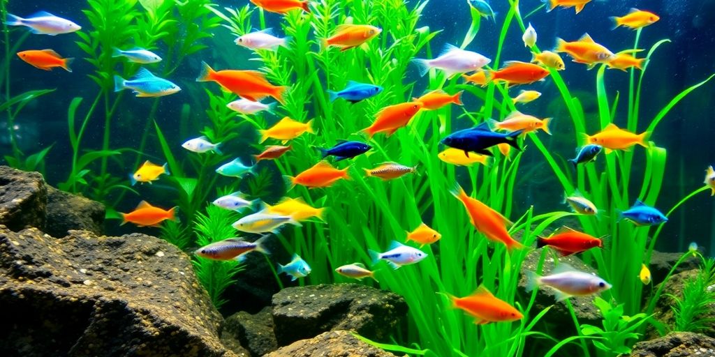 Makukulay na freshwater fish na lumalangoy sa isang masaganang aquarium.