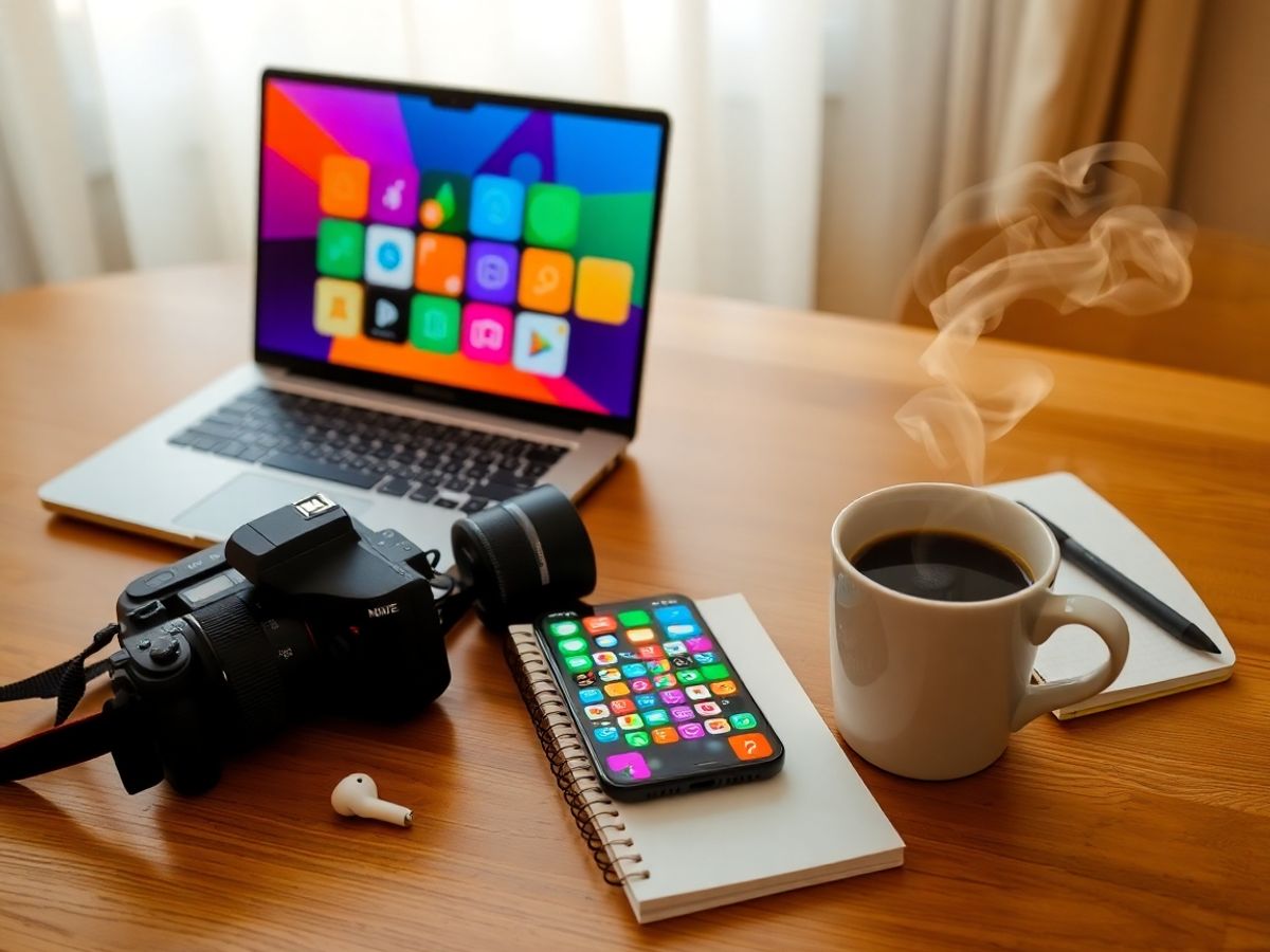 Birou din lemn cu laptop deschis, smartphone, cameră și cafea
