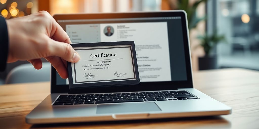 Laptop displaying a resume with certifications.