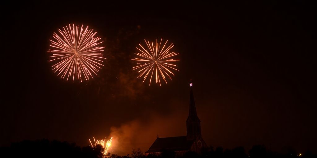 Feu d'artifice illuminant un ciel nocturne au-dessus d'une église.