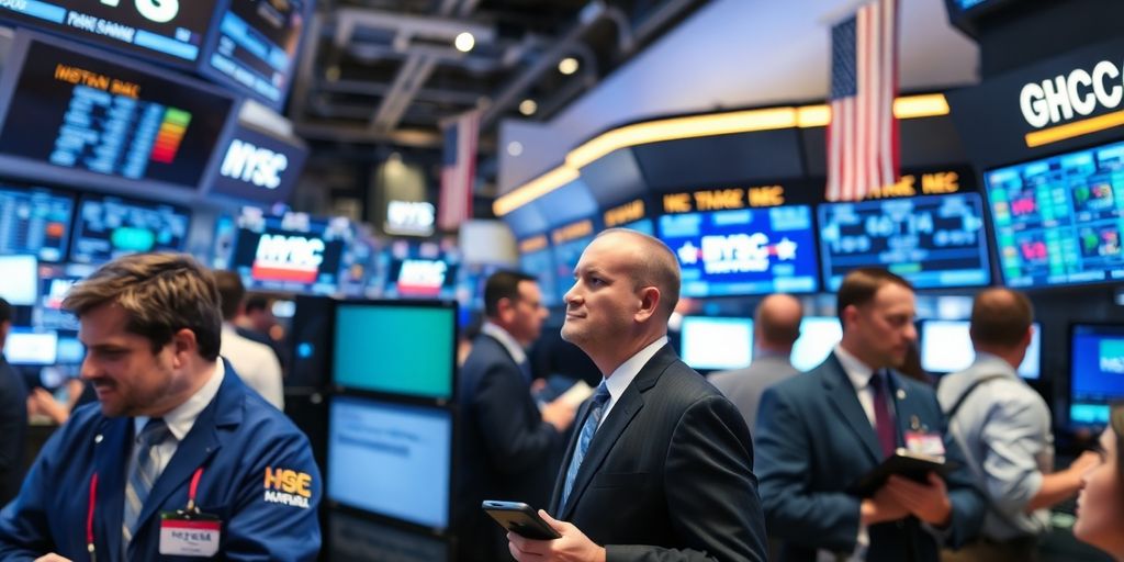 Traders on a busy stock market trading floor.