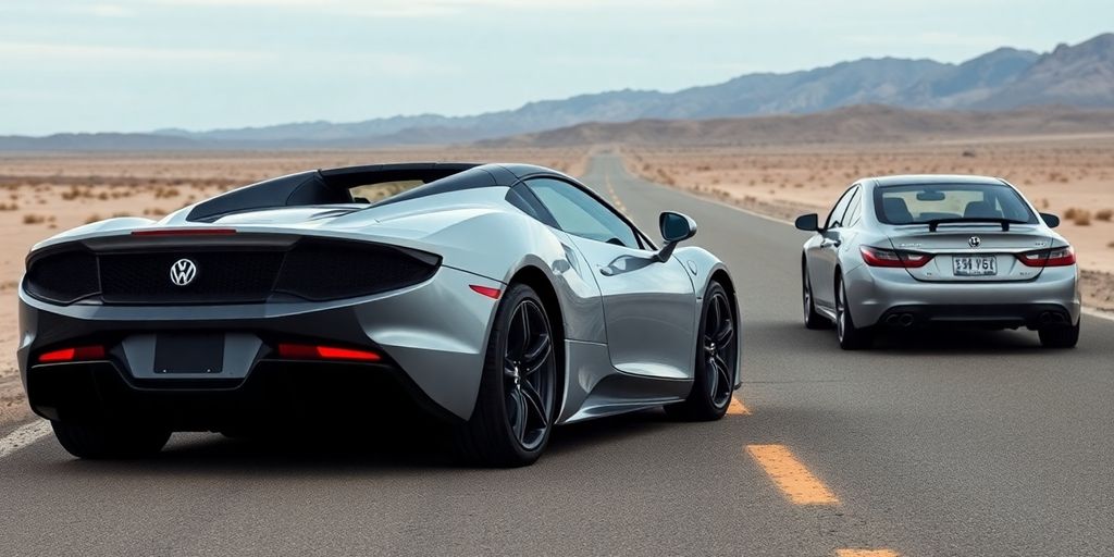 Luxury car and a plain car facing opposite directions.