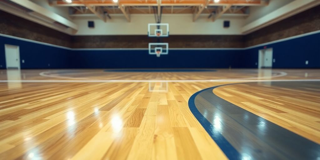 Polished indoor sports court lines and hardwood.
