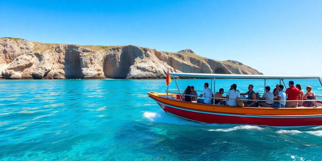 Tour boat on clear blue water, rocky coastline.