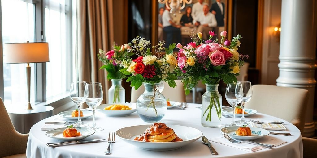 Elegant dining setup with gourmet dishes in luxury hotel.