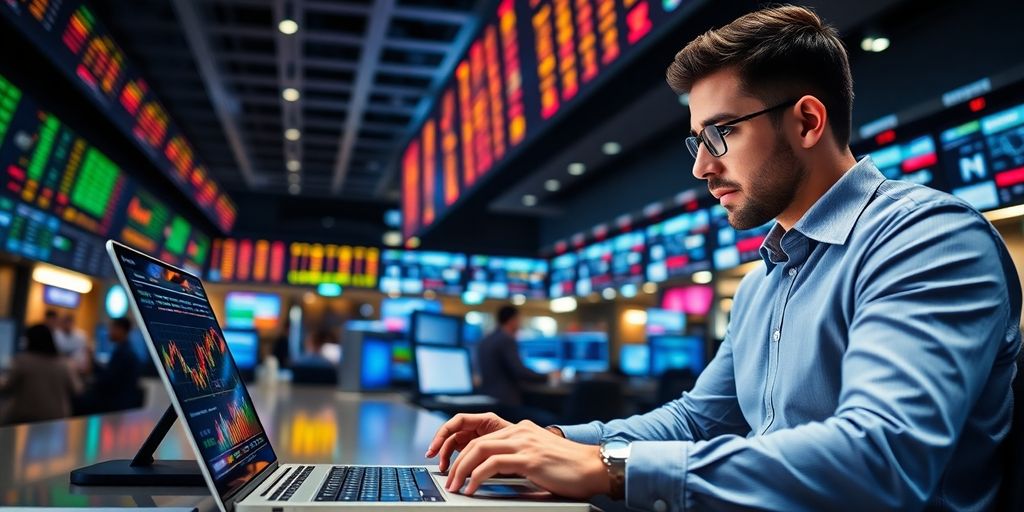 Trader on laptop in a lively trading environment.
