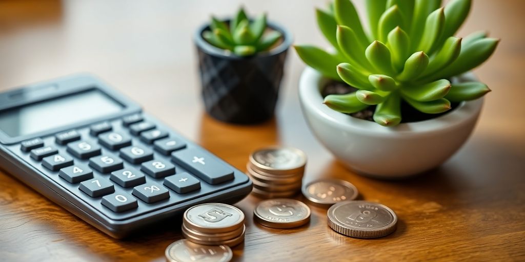 Calculator, coins, and plant on a desk.
