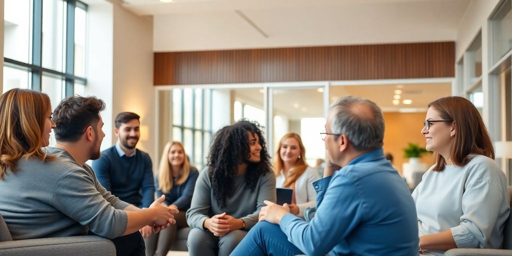 Modern clinic interior, diverse people interacting.