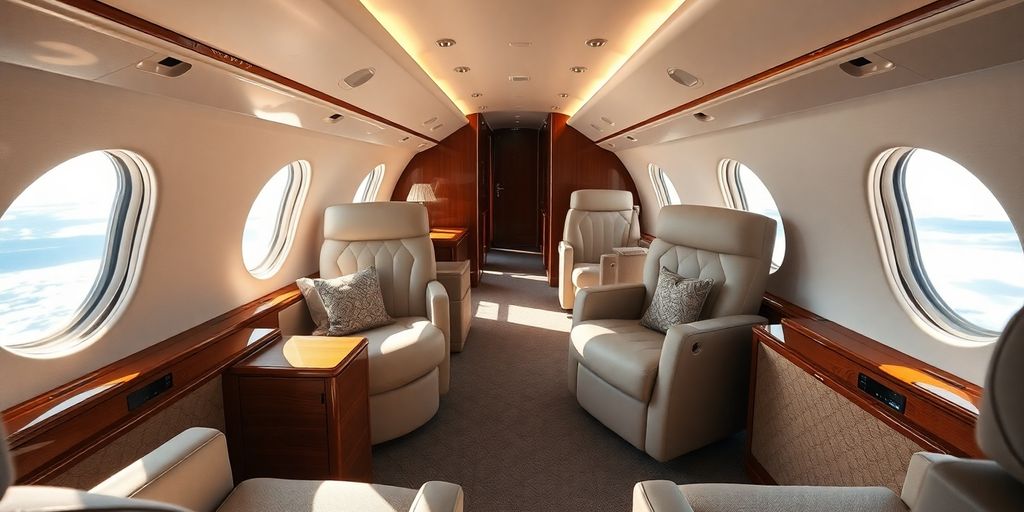 Luxurious private jet cabin interior detail.