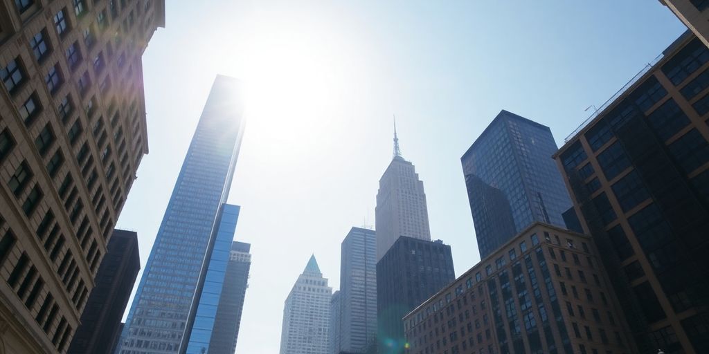New York City skyline, financial district buildings, sunlight.