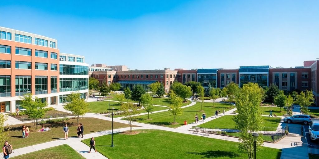 Stevens Institute of Technology campus with students and greenery.