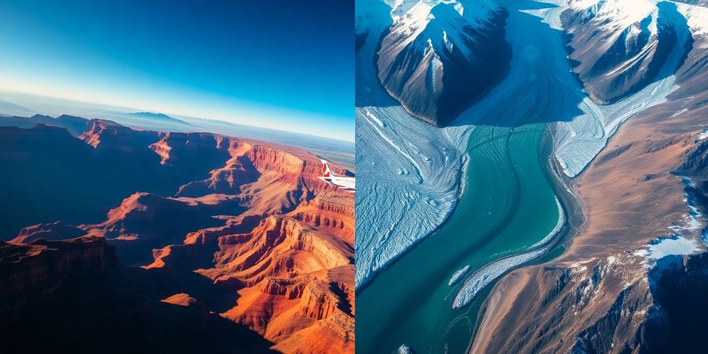 Aerial view of a plane flying between desert canyon and glacier.