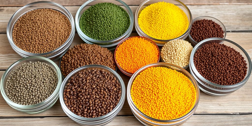 Colorful chia seeds in glass bowls on wooden table.