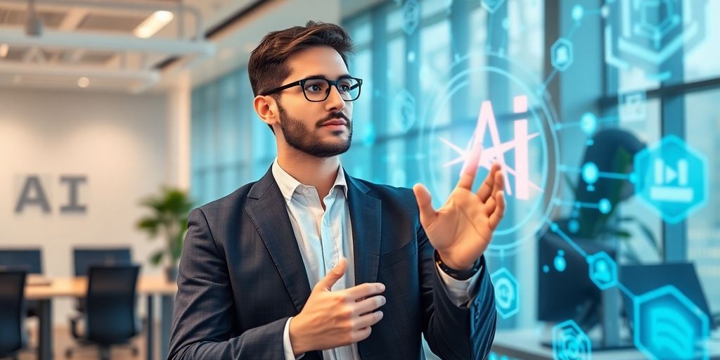 Person engaging with AI technology in a modern office.