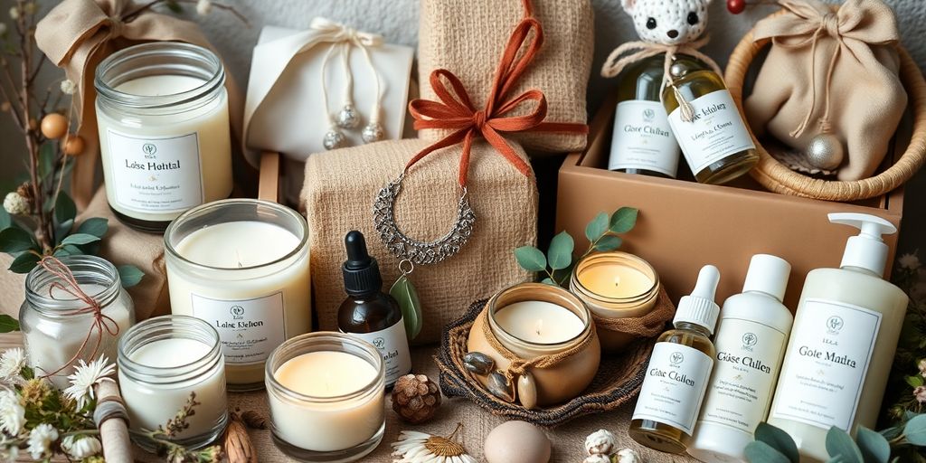Artisanal gift sets including candles and handmade jewelry.