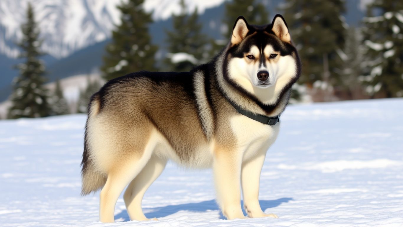Alaskan Malamute in snowy landscape with pine trees.