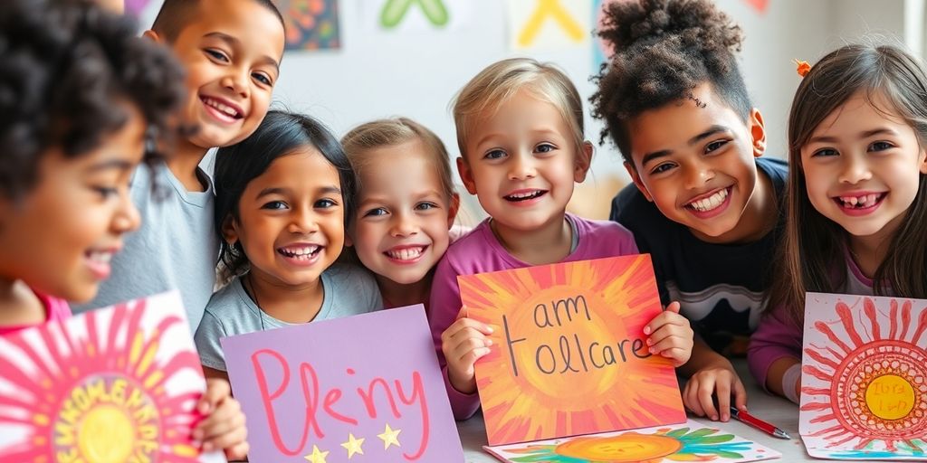 Children happily interacting with colorful custom art.