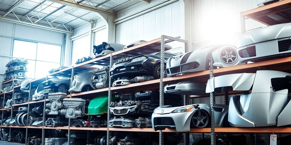 Used Honda car parts neatly arranged.