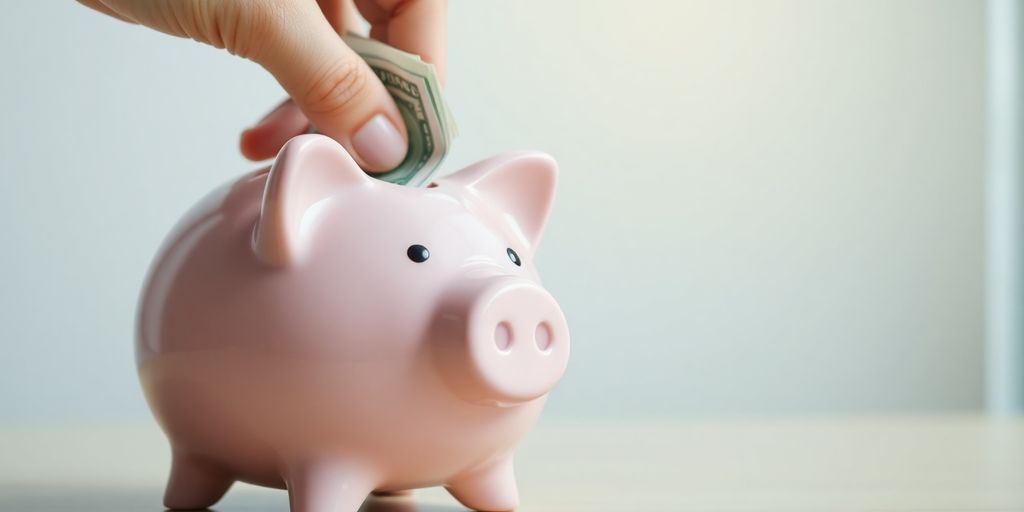 Hand inserting cash into a piggy bank.