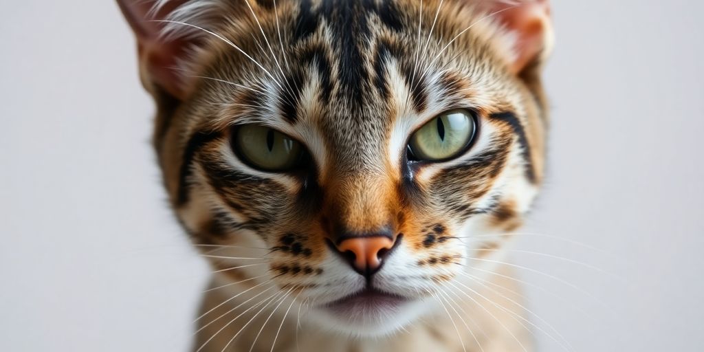 Close-up of a tense cat's face with piercing eyes.