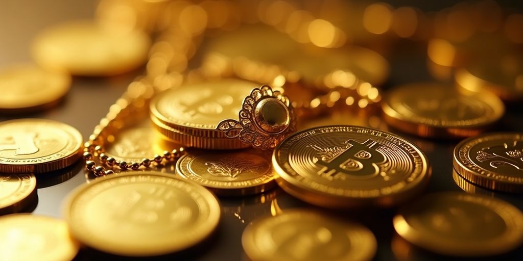 Pièces d'or et bijoux sur une surface réfléchissante.