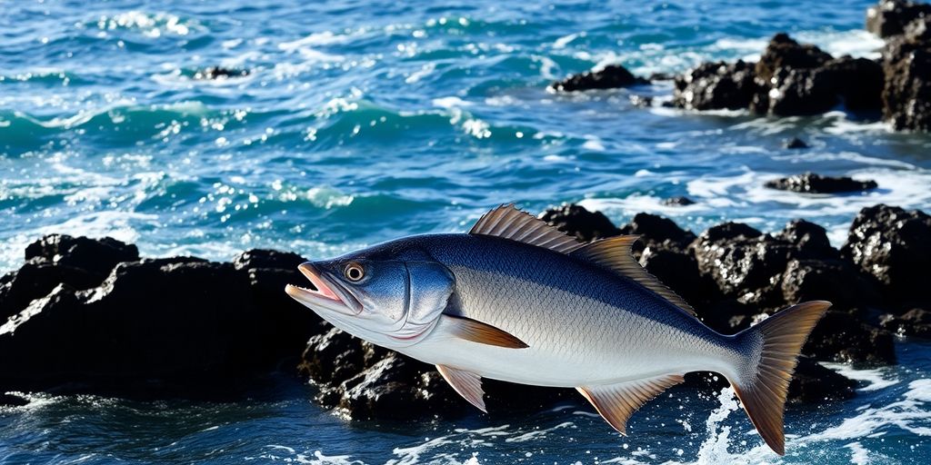Giant mulloway fish caught near rocky shore.